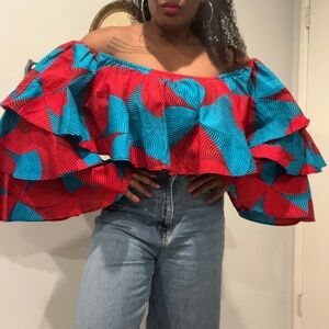 OFUURE- Red and Blue Ruffle African Print Blouse